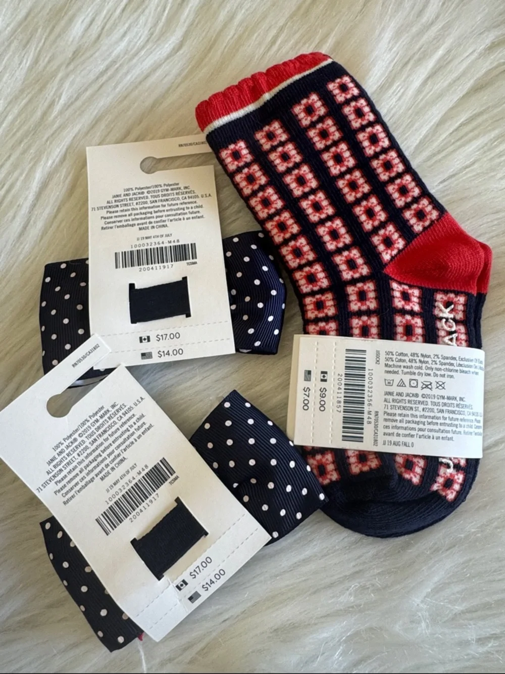 Janie & Jack Navy Red White Patterned Socks with 2 Navy Polka-Dot Bow Hair Clips